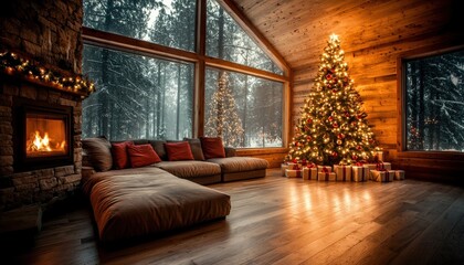 Cozy cabin living room with Christmas tree, fireplace, and snowy window view.