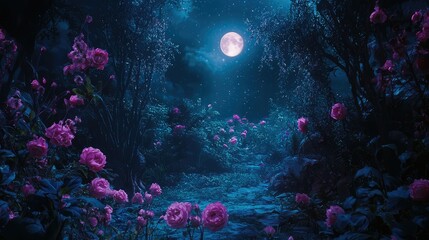 Obraz premium Enchanted Garden with Glowing Flowers at Night