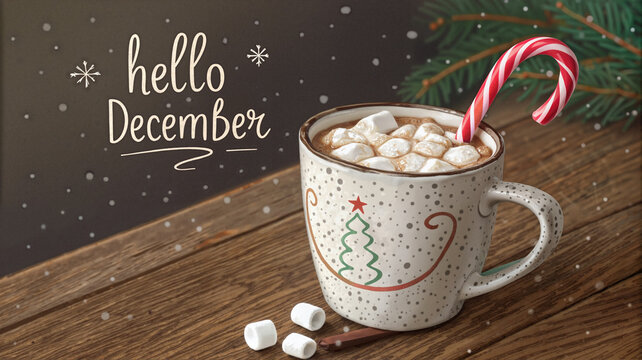 Hello December hot chocolate with candy cane and marshmallows

