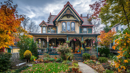 A beautiful heritage house with intricate woodwork, showcasing a festive Thanksgiving celebration.