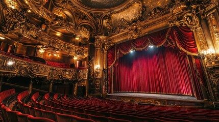 Grand Theater with Red Velvet Curtains and Dramatic Ambiance