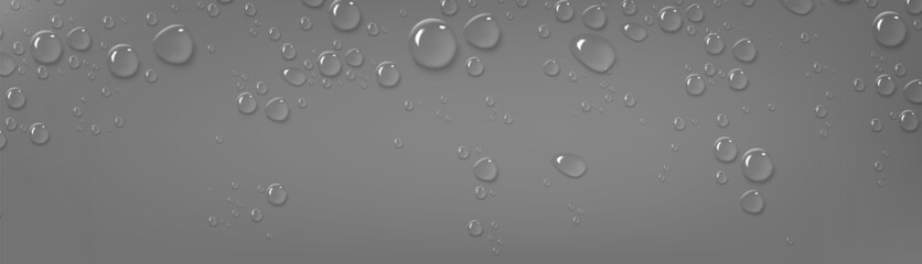 Water droplets scatter on glass window or smooth gray surface. Clear crystal spheres and puddles of various size reflecting light on dark background. Realistic 3d vector banner with raindrops.