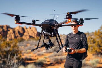 Fototapeta premium A professional photographer using a drone to capture aerial portraits on International Drone Day