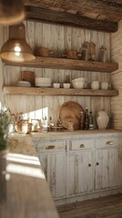 Obraz premium Cozy Country Kitchen with Open Shelves