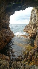 Naklejka premium Coastal Cave Opening to Ocean Waves