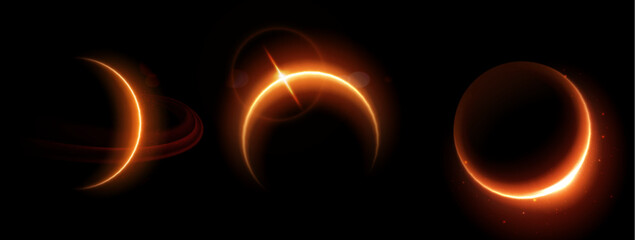 Solar or lunar eclipse phases set isolated on black background. Vector realistic illustration of neon orange light circle with flare effect, sun shining behind planet globe in dark space, night sky