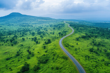 Fototapeta premium A winding road through lush green hills under a cloudy sky.