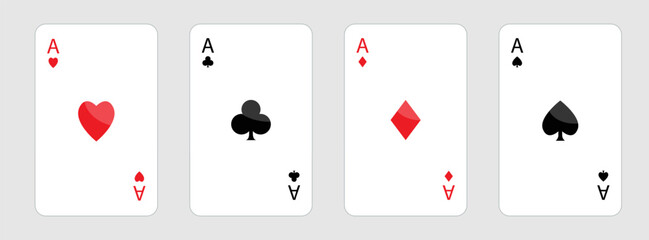 Playing card set. Four aces icon. Poker cards suits. Hearts, diamonds, spades, clubs ace. Winning poker hand. Las Vegas Casino gambling concept. Simple flat design. White background. Isolated. Vector