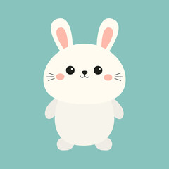 Cute white bunny rabbit hare silhouette icon. Funny smiling face head. Pink cheeks. Kawaii cartoon baby character. Happy Easter. Valentines Day. Greeting card. Green background. Flat design. Vector