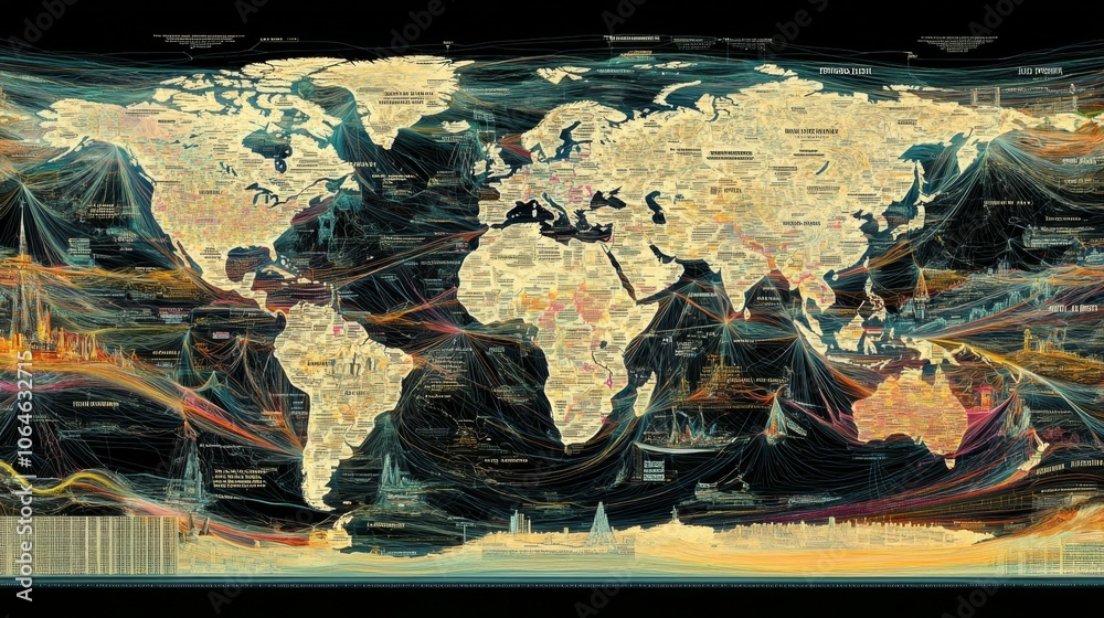 Poster global data visualization map with flowing patterns