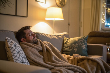 Fototapeta premium Man relaxing on sofa with cozy blanket in dimly lit room