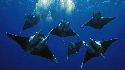 A group of manta rays swim in the blue ocean.