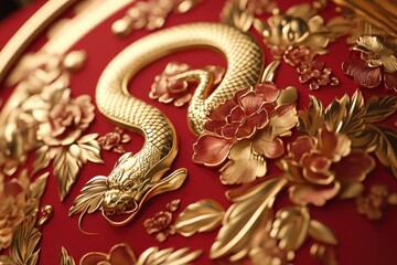 Fototapeta premium Golden Dragon and Floral Design.
