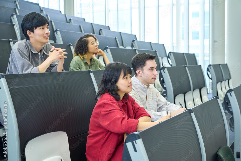 Poster 講義、講堂、学生、グローバル、セミナー、女性、友達、人物、大学、教室、大学生、多国籍、外国人、日本人、教育、授業、留学、留学生、勉強、学習、語学、研究、ホール、座席、インターナショナル、国際、ダイバーシティ、インクルージョン、多様性、多人種、グループ、チームワーク、男性、黒人、白人、スクール、外語大、クラスメート、キャンパス、カジュアル、キャンパスライフ、研修、聴講生、カリキュラム、学校、専門学生