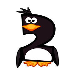 Cartoon number 2 like penguin, figure Two. Cartoon of number with a animal concept. Calligraphy, lettering, typography for your Education cards or game