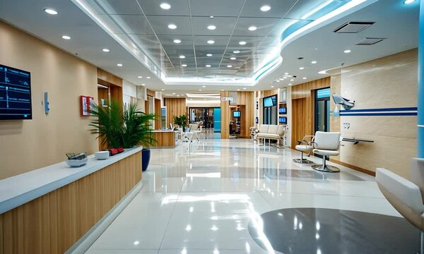 Modern hospital lobby with reception desk, waiting area, and plants.