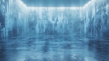 A futuristic, empty room with a reflective floor and glowing blue lighting.