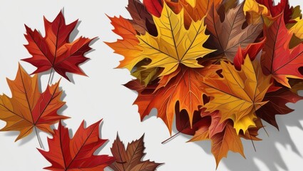 Colorful autumn leaves arranged on a white isolated background.