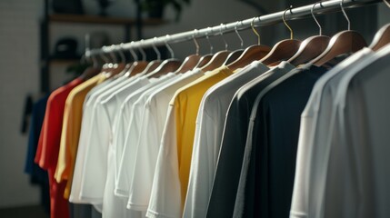 Obraz premium An array of T-shirts in various colors like yellow, white, and blue are orderly displayed on wooden hangers, creating a vibrant aesthetic against a softly lit backdrop.