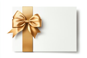 gift certificate with golden ribbon, realistic 3D bow on white background, elegant presentation, isolated on white background
