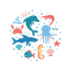 Sea Life round poster on white background. Set of sea animals. Characters in children's style. vector illustration.