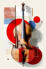 A finely crafted double bass set against an abstract background of geometric shapes and primary colors, blending classical music with modern artistic flair.
