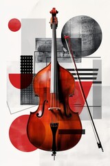 An intricately depicted double bass stands out against a creatively abstract background, combining rich wood textures and bold geometric patterns, invoking artsy vibes.