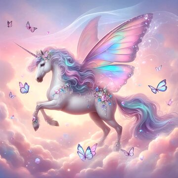 A painting of a magnificent unicorn with shimmering wings flying through dreamlike pastel landscapes.