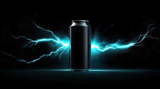 A striking black can is illuminated by vibrant blue lightning effects against a dark background, creating a dramatic and energetic visual.