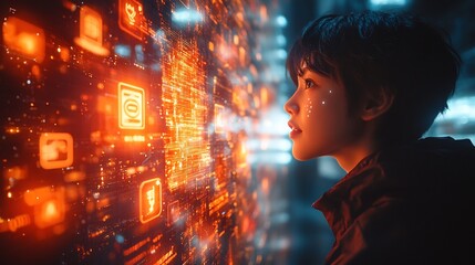 Person interacting a digital assistant embedded in a smart device surrounded by glowing privacy shields and secure data transfer symbols