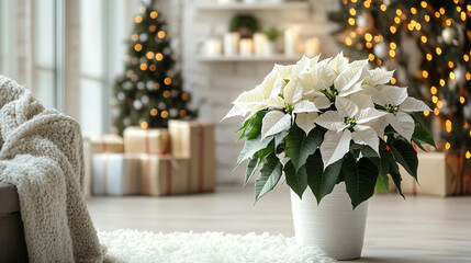 A beautiful poinsettia plant with white blooms in a holiday setting.