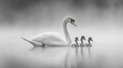 Obraz premium A graceful swan leads its cygnets through a misty lake.