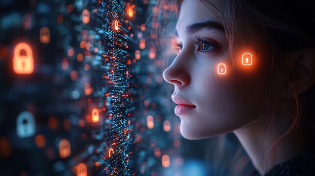 Person enabling privacy settings their social media profile surrounded by glowing locks and encrypted connections representing secure online presence