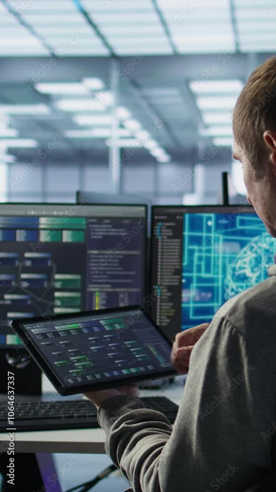 Poster system administrator in data center solving tasks on tablet, running programming scripts. software d