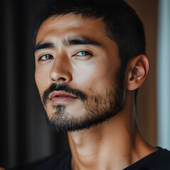 Obraz premium Stylish Asian Man Portrait with Beard in Casual Clothing and Serious Expression Under Natural Light