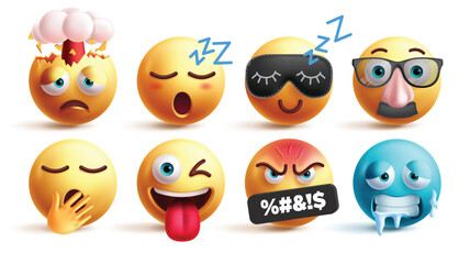Emoji emoticon characters vector set. Emojis explode, tired, sleepy, old man, yawning, naughty, mad and cold 3d emoticons character in white background. Vector illustration yellow icon design elements