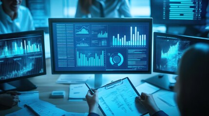 Fototapeta premium A businessperson analyzes data on multiple computer screens with colleagues in the background.