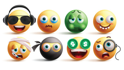 Obraz premium Emoji emoticon characters vector set. Emojis listening music, crying, flu, funny teeth, sick, burglar, rich and criminal characters graphic elements in white background. Vector illustration yellow 