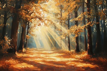 Obraz premium Enchanted Forest: Mystical Autumn Landscape with Sunlight Filtering Through Misty Trees