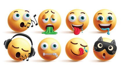 Emoji emoticon characters vector set. Emojis singing, vomit, starving, thirsty, listening music, quiet, craving and rest yellow emoticons collection in white background. Vector illustration emojis 