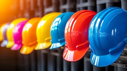 A vibrant array of safety helmets in various colors, neatly arranged, highlighting workplace safety and protective gear.