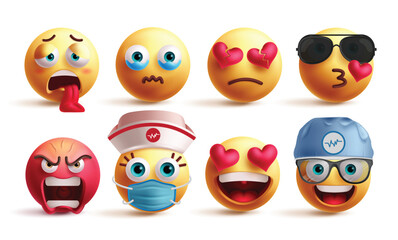 Emoji emoticon characters vector set. Emojis 3d emoticons like tired, crying, broken hearted, flying kiss, mad, nurse, inlove and doctor facial expressions graphic elements. Vector illustration emojis