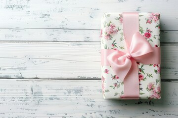 Floral pattern gift box tied with pink ribbon on white wooden background with copy space