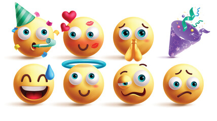 Emoji  birthdayemoticon characters vector set. Emojis birthday cap, kiss mark, begging, party hat, laughing, kind, stress and sad 3d facial expression graphic elements in white background. Vector 