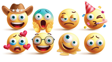 Emoji emoticon characters vector set. Emojis cowboy, shocked, stress, birthday clown, broken hearted, nerd, melting and sad facial expression graphic elements. Vector illustration yellow emoticons 