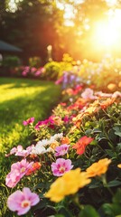 Obraz premium Vibrant Flowers in a Sunlit Garden Scene
