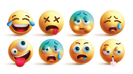 Emoji emoticon characters vector set. Emojis happy, tired, cold, crying, naughty, unwell, hungry and blowing face reaction yellow emoticons collection. Vector illustration emojis graphic elements 