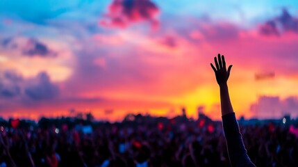 A vibrant sunset illuminates a crowd with raised hands, capturing a moment of celebration and unity during an outdoor event or concert.