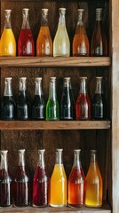 Assorted Syrups in Vibrant Bottles on Wooden Shelves