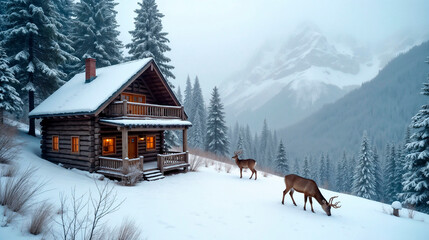 Serene winter background featuring cozy cabin and two deer grazing in snowy landscape
